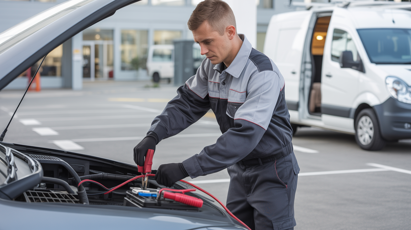 Professional battery jump start service in commercial parking lot
