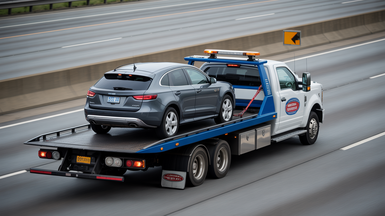 Professional flatbed truck on Interstate highway for long-distance transport
