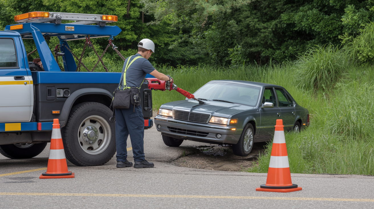 Professional vehicle recovery operation pulling car from roadside ditch